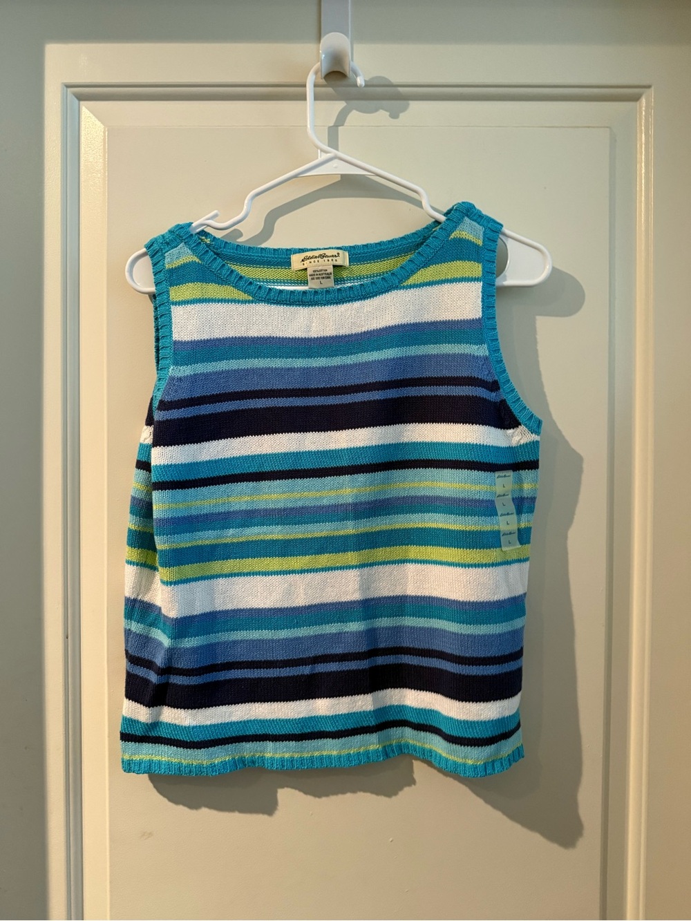 90s Eddie Bauer Blue, Teal & White Striped Knit Tank Top